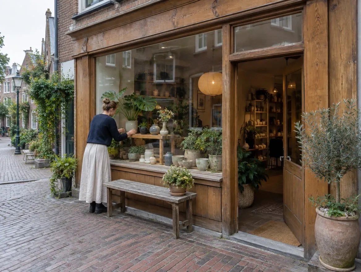 Owner adjusting the window display of a fictional boutique