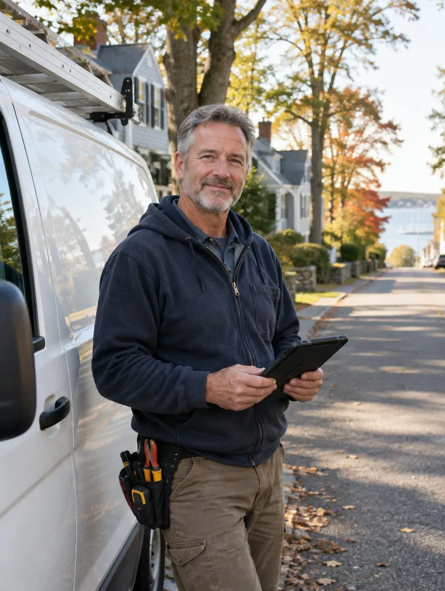 Electrician standing beside his work van on a residential street